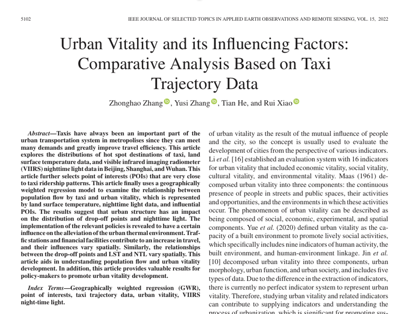 Urban Vitality and its Influencing Factors: Comparative Analysis Based on Taxi Trajectory Data